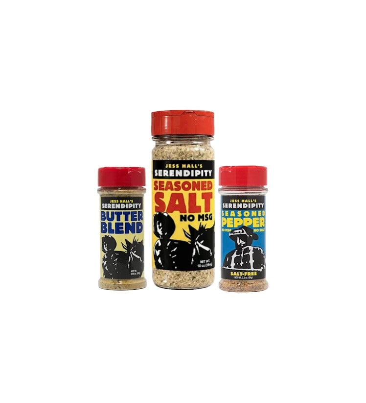Jess Hall’s Serendipity Medium 3 Pack - No MSG Seasoned Salt, Butter & Seasoned Pepper