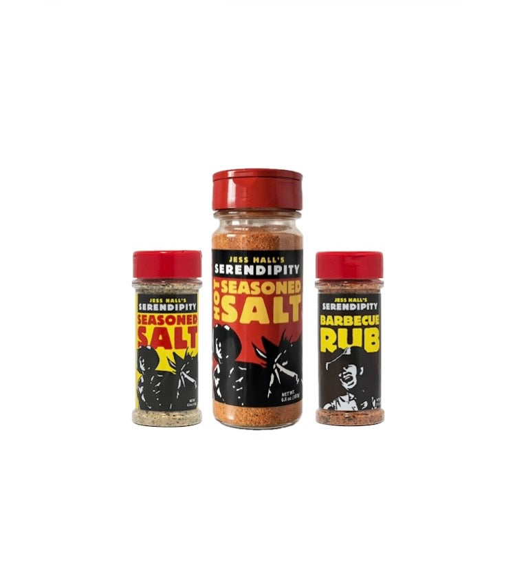 Jess Hall’s Serendipity Medium 3 Pack - Hot Seasoned Salt, Seasoned Salt & Barbecue Rub