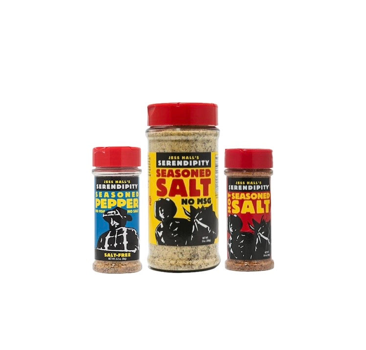 Jess Hall’s Serendipity 3 Pack - No MSG Seasoned Salt, Hot & Seasoned Pepper