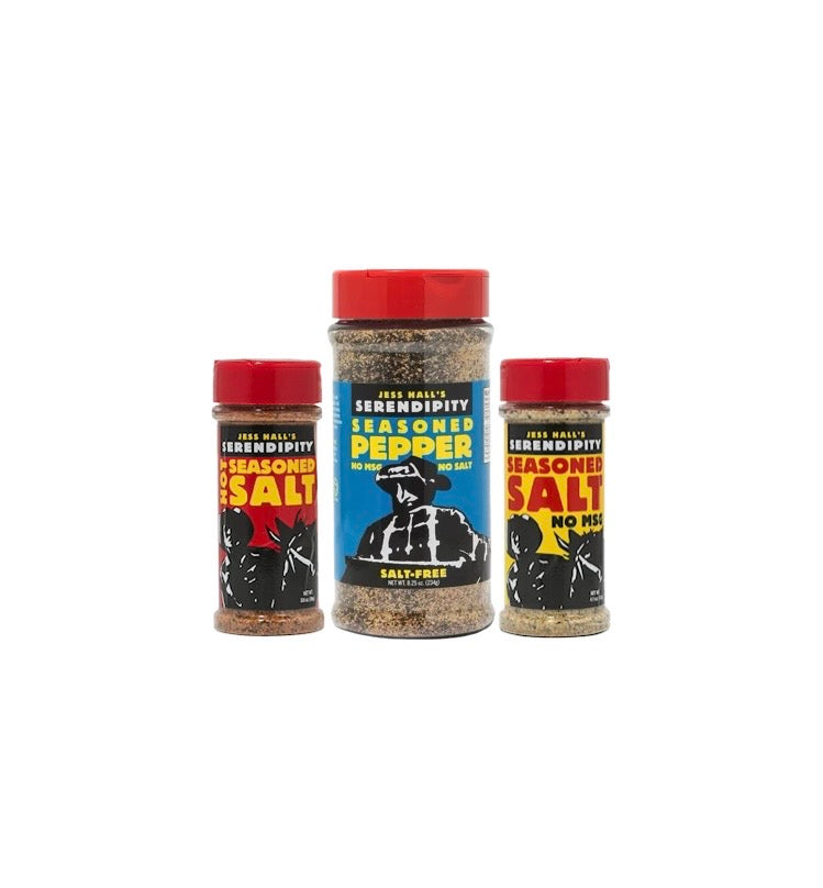 Jess Hall’s Serendipity 3 Pack - No MSG Seasoned Pepper, Hot Seasoned Salt & No MSG Seasoned Salt